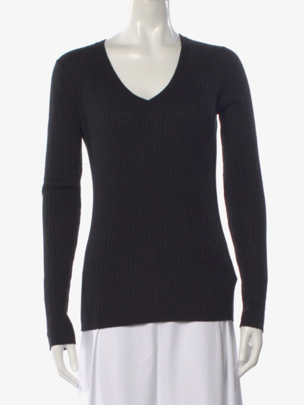 Vince Black Ribbed Knit Deep V-Neck Long Sleeve Sweater Medium